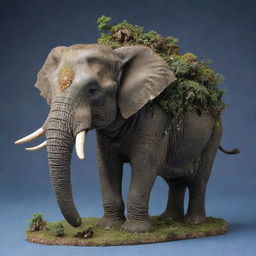 An enormous, strong elephant with a laden with a vibrant, lush miniature island on its back.