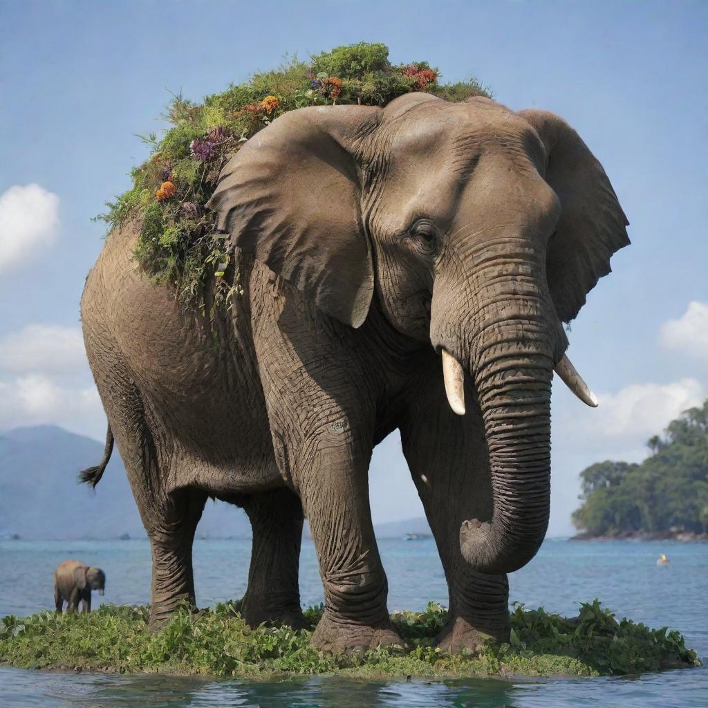 An enormous, strong elephant with a laden with a vibrant, lush miniature island on its back.