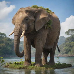 An enormous, strong elephant with a laden with a vibrant, lush miniature island on its back.