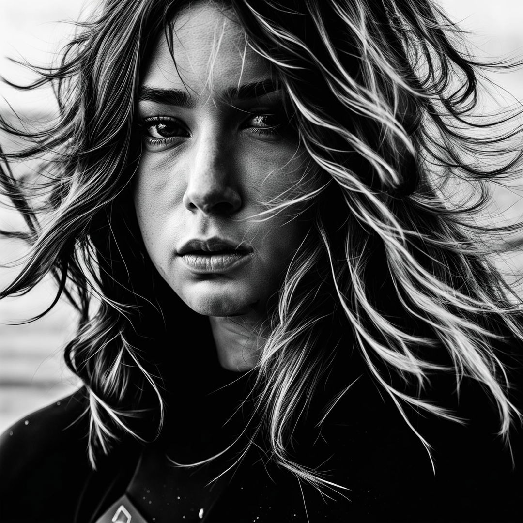 Transform the close-up RAW photo portrait of the young surfer woman into a detailed black and white image, preserving the intricate beauty and raw character of the original photo.