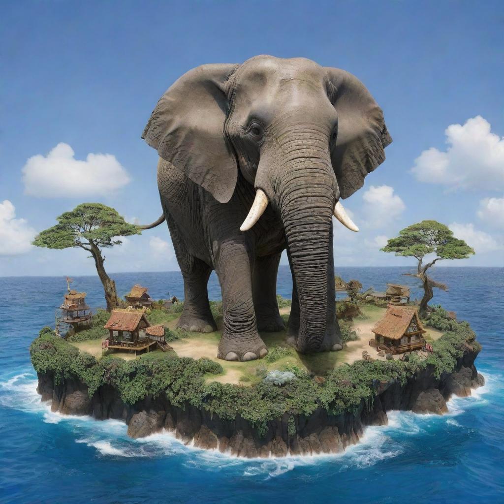 An immense elephant carrying a miniature island on its back, infused with visual cues from the 'One Piece' anime, showcasing distinctive character and world designs.