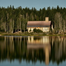 A serene and beautiful house situated on the tranquil shores of a calm lake with reflection on the water surface.