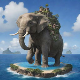 An immense elephant carrying a miniature island on its back, infused with visual cues from the 'One Piece' anime, showcasing distinctive character and world designs.