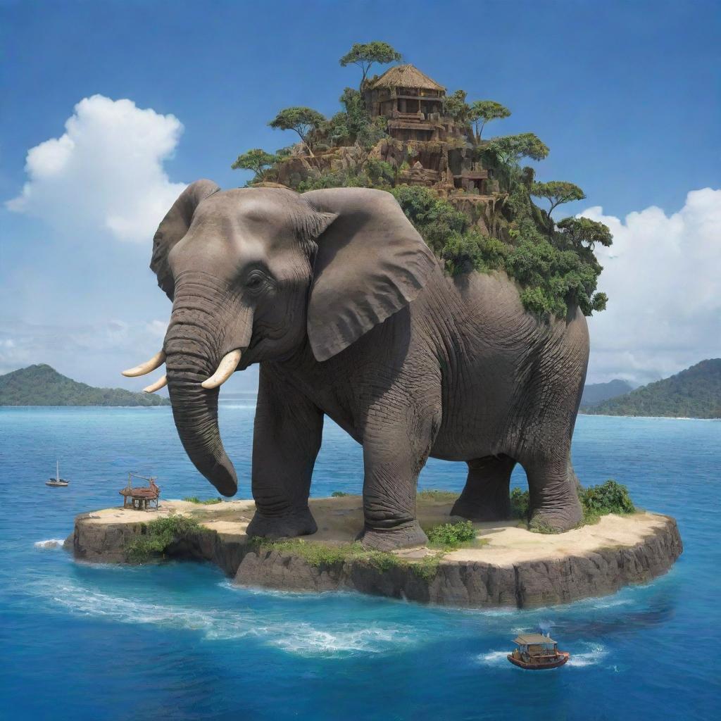 An immense elephant carrying a miniature island on its back, infused with visual cues from the 'One Piece' anime, showcasing distinctive character and world designs.