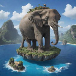 An immense elephant carrying a miniature island on its back, infused with visual cues from the 'One Piece' anime, showcasing distinctive character and world designs.