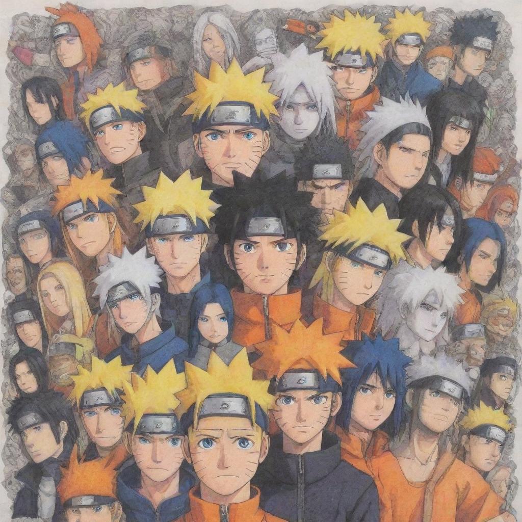 A detailed, vibrant drawing showcasing all the main characters from 'Naruto', each expressing their unique personalities and features.