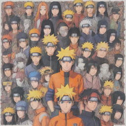 A detailed, vibrant drawing showcasing all the main characters from 'Naruto', each expressing their unique personalities and features.