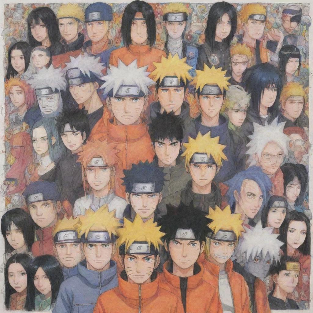 A detailed, vibrant drawing showcasing all the main characters from 'Naruto', each expressing their unique personalities and features.