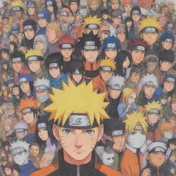 A detailed, vibrant drawing showcasing all the main characters from 'Naruto', each expressing their unique personalities and features.