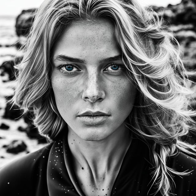 A close-up RAW black & white photo portrait of a young surfer woman with sandy blonde hair, freckles, and piercing light blue eyes. She stands in front of a rocky beach, her hair matted with sand and sea salt. The image boasts excellent composition and intricate detail.