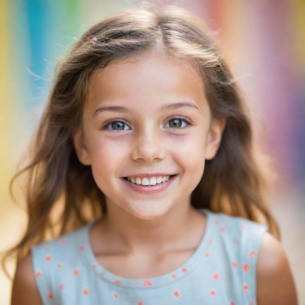 A vibrant portrait of a young girl with expressive eyes and a joyful smile, set against a soft-focused background.