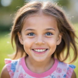 A vibrant portrait of a young girl with expressive eyes and a joyful smile, set against a soft-focused background.