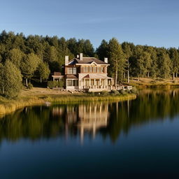 A serene and beautiful house situated on the tranquil shores of a calm lake with reflection on the water surface.