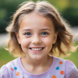 A vibrant portrait of a young girl with expressive eyes and a joyful smile, set against a soft-focused background.