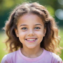 A vibrant portrait of a young girl with expressive eyes and a joyful smile, set against a soft-focused background.