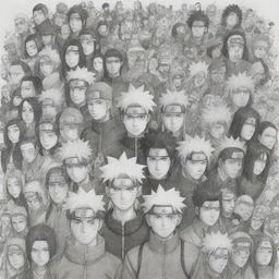 A fully detailed, rich drawing featuring all main characters from 'Naruto', distinctly capturing each character's unique personality, style, and demeanor.