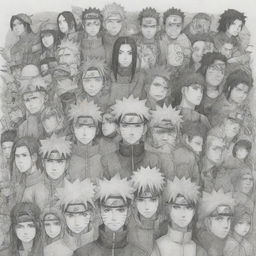 A fully detailed, rich drawing featuring all main characters from 'Naruto', distinctly capturing each character's unique personality, style, and demeanor.