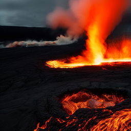 A house situated on the shore of a vibrant lava lake, with mesmerizing flames dancing around. The contrast of warmth from the lava and coolness of the sturdy house crating a dramatic scene.