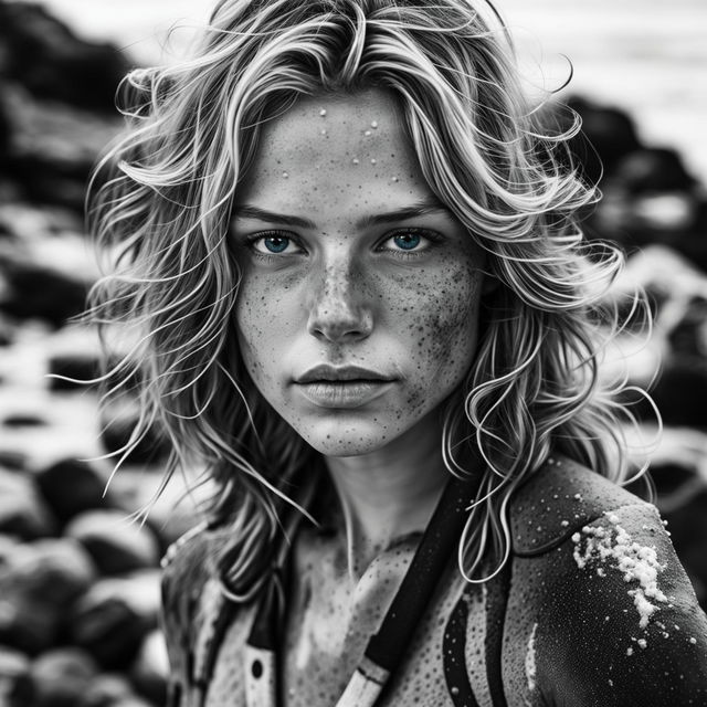 Recreate the detailed, close-up RAW black & white photo portrait of the young surfer woman standing at a rocky beach, highlighting her sandy blonde hair, freckles, piercing light blue eyes, and hair matted with sand and sea salt, maintaining its excellent composition and intricate details.