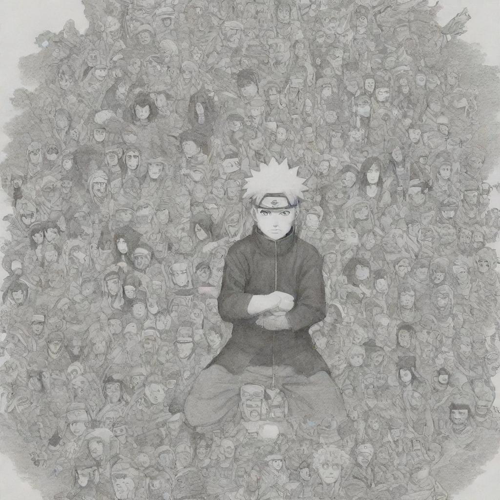 An intricate drawing of a large, central 'Naruto' character, within which all other main characters are subtly and creatively incorporated.