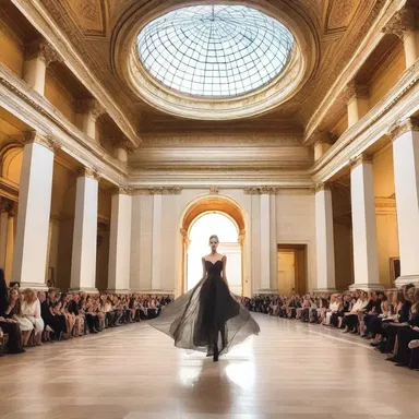 The fashion show took place in a stunning rotunda with a glass dome and a circular runway.