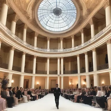 The fashion show took place in a stunning rotunda with a glass dome and a circular runway.