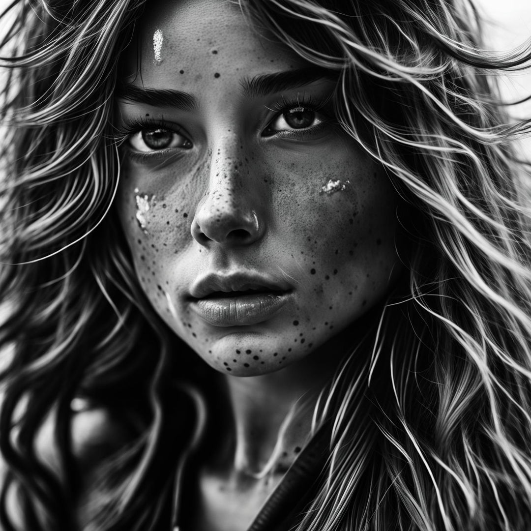 Enhance the close-up RAW black & white photo of the young surfer woman with more minute details and intricate elements across the portrait, aiming for an award-winning level of portrait photography, perfectly capturing every strand of hair and freckle.