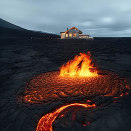 A house situated on the shore of a vibrant lava lake, with mesmerizing flames dancing around. The contrast of warmth from the lava and coolness of the sturdy house crating a dramatic scene.