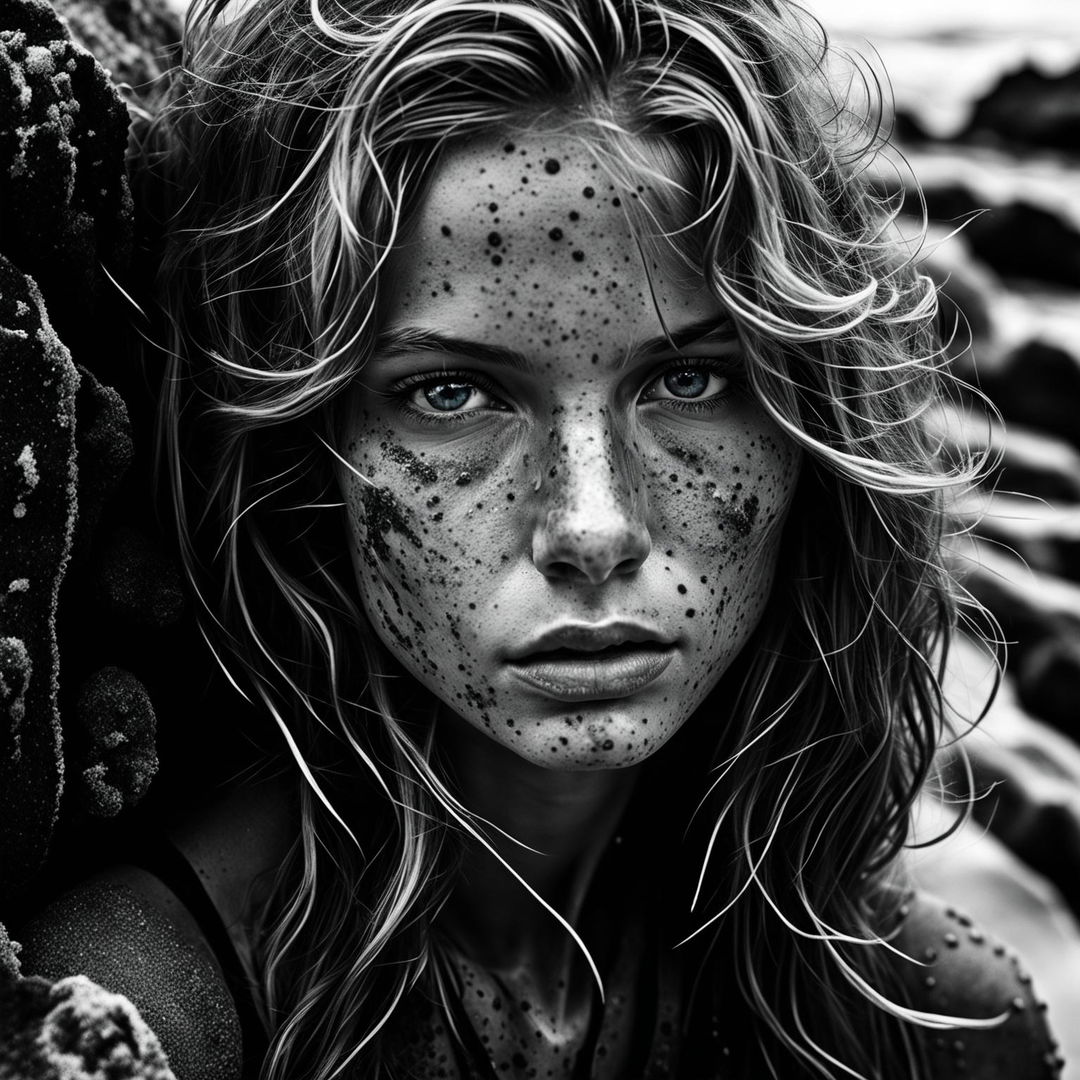 Reinterpret the detailed, award-winning caliber, black & white portrait photography of the young surfer woman at a rocky beach, accentuating details from her sandy hair matted with sea salt to individual freckles and the piercing light in her blue eyes.