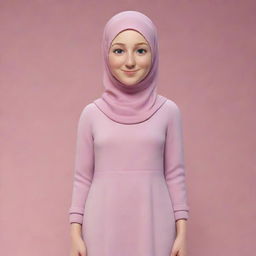 Create a Facebook cover photo with a 3D animated character of a 28-year-old girl in Muslim clothing, including a long dress, a hijab, and sneakers. She has blue eyes, big pink cheeks, and no visible hair. Include the user name 'NOUR ALHENAWY'.