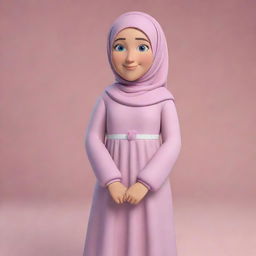 Create a Facebook cover photo with a 3D animated character of a 28-year-old girl in Muslim clothing, including a long dress, a hijab, and sneakers. She has blue eyes, big pink cheeks, and no visible hair. Include the user name 'NOUR ALHENAWY'.