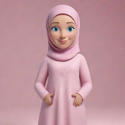 Create a Facebook cover photo with a 3D animated character of a 28-year-old girl in Muslim clothing, including a long dress, a hijab, and sneakers. She has blue eyes, big pink cheeks, and no visible hair. Include the user name 'NOUR ALHENAWY'.