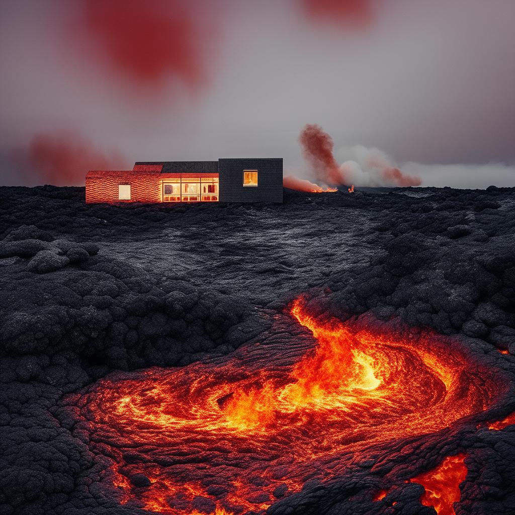 A house situated on the shore of a vibrant lava lake, with mesmerizing flames dancing around. The contrast of warmth from the lava and coolness of the sturdy house crating a dramatic scene.