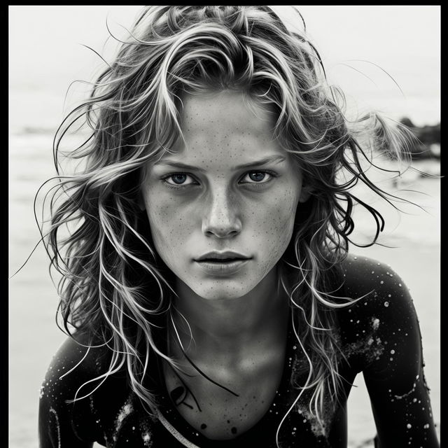 Reimagine the detailed black & white photography of the young surfer woman, minus the freckles, enhancing her innate beauty while keeping a rugged, enduring aesthetic. The sandy and salt-matted hair, piercing blue eyes, and beach backdrop compellingly frame her resilience.