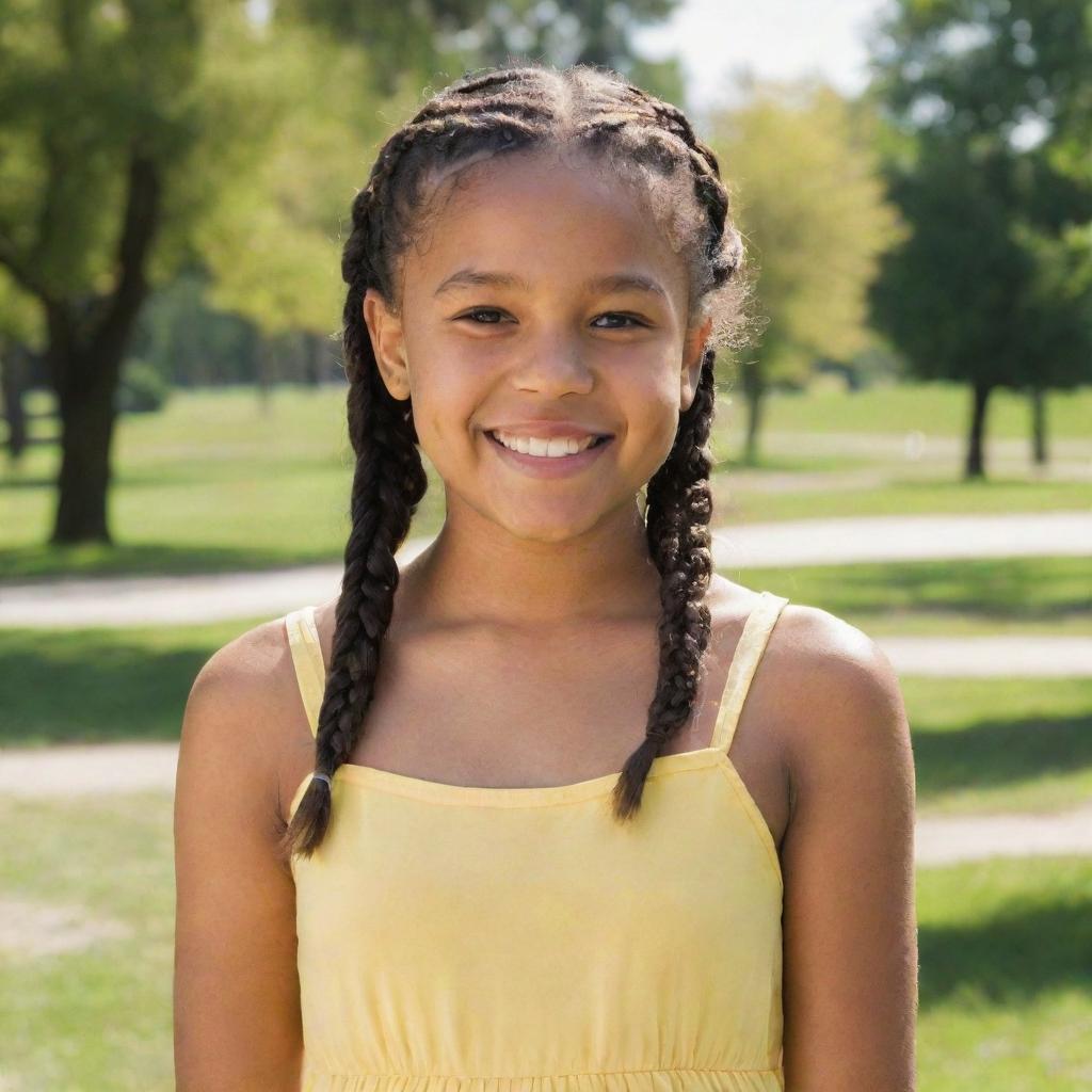 A young girl in a sunny park, with her hair in braids, wearing a yellow sundress, and a merry smile.