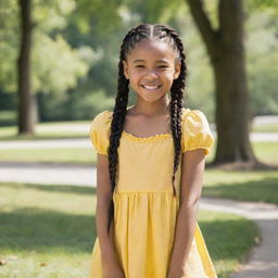 A young girl in a sunny park, with her hair in braids, wearing a yellow sundress, and a merry smile.