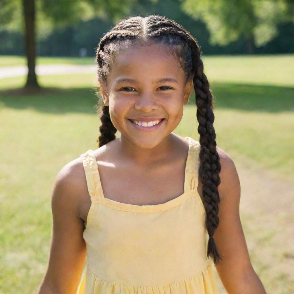 A young girl in a sunny park, with her hair in braids, wearing a yellow sundress, and a merry smile.