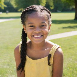 A young girl in a sunny park, with her hair in braids, wearing a yellow sundress, and a merry smile.