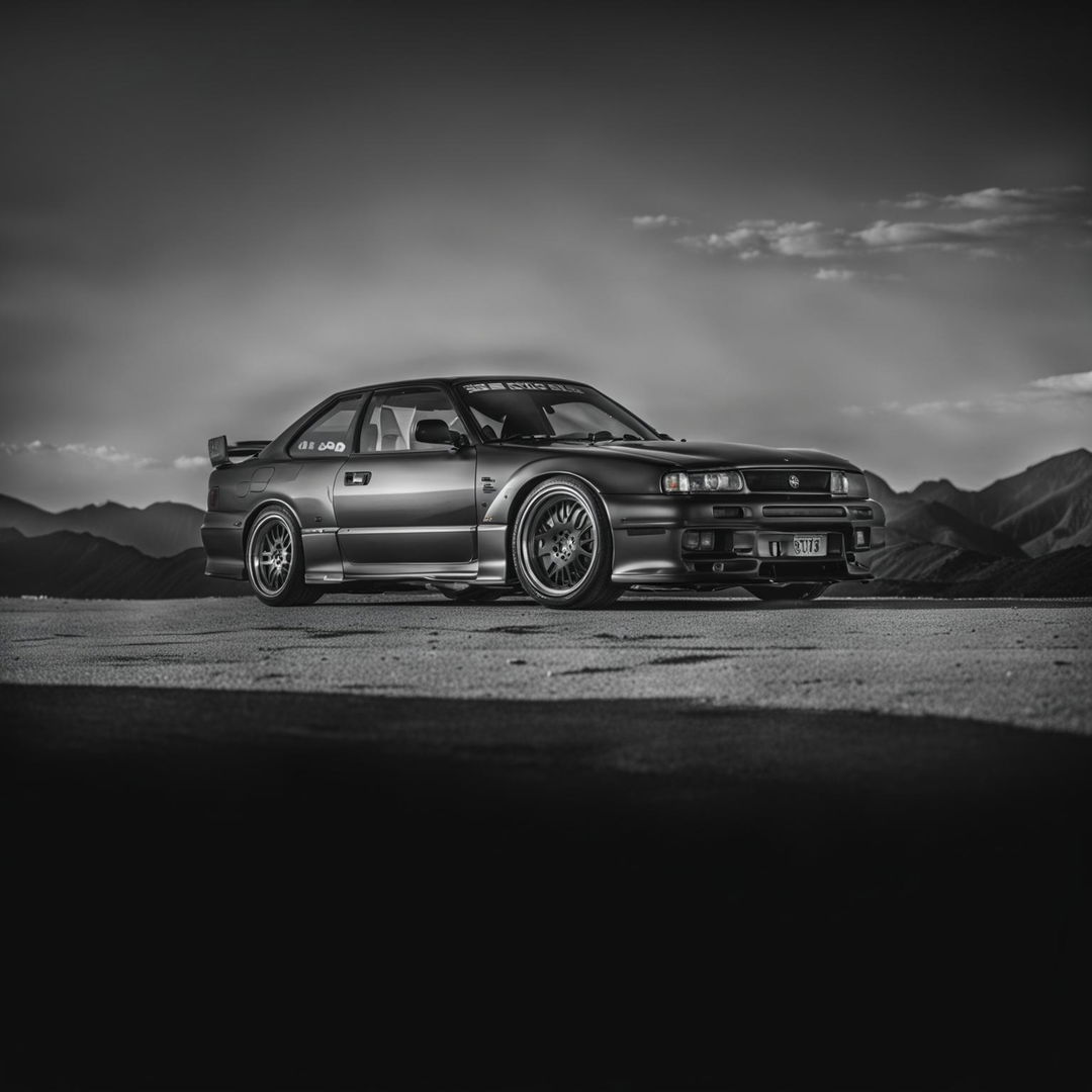 A black and white cinematic portrait photograph of a modified Nissan Skyline R32 in an epic scene, done in vintage and classy style akin to professional car photography.