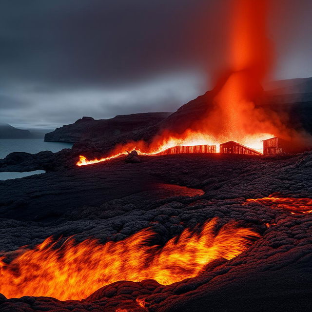 A house situated on the shore of a vibrant lava lake, with mesmerizing flames dancing around. The contrast of warmth from the lava and coolness of the sturdy house crating a dramatic scene.