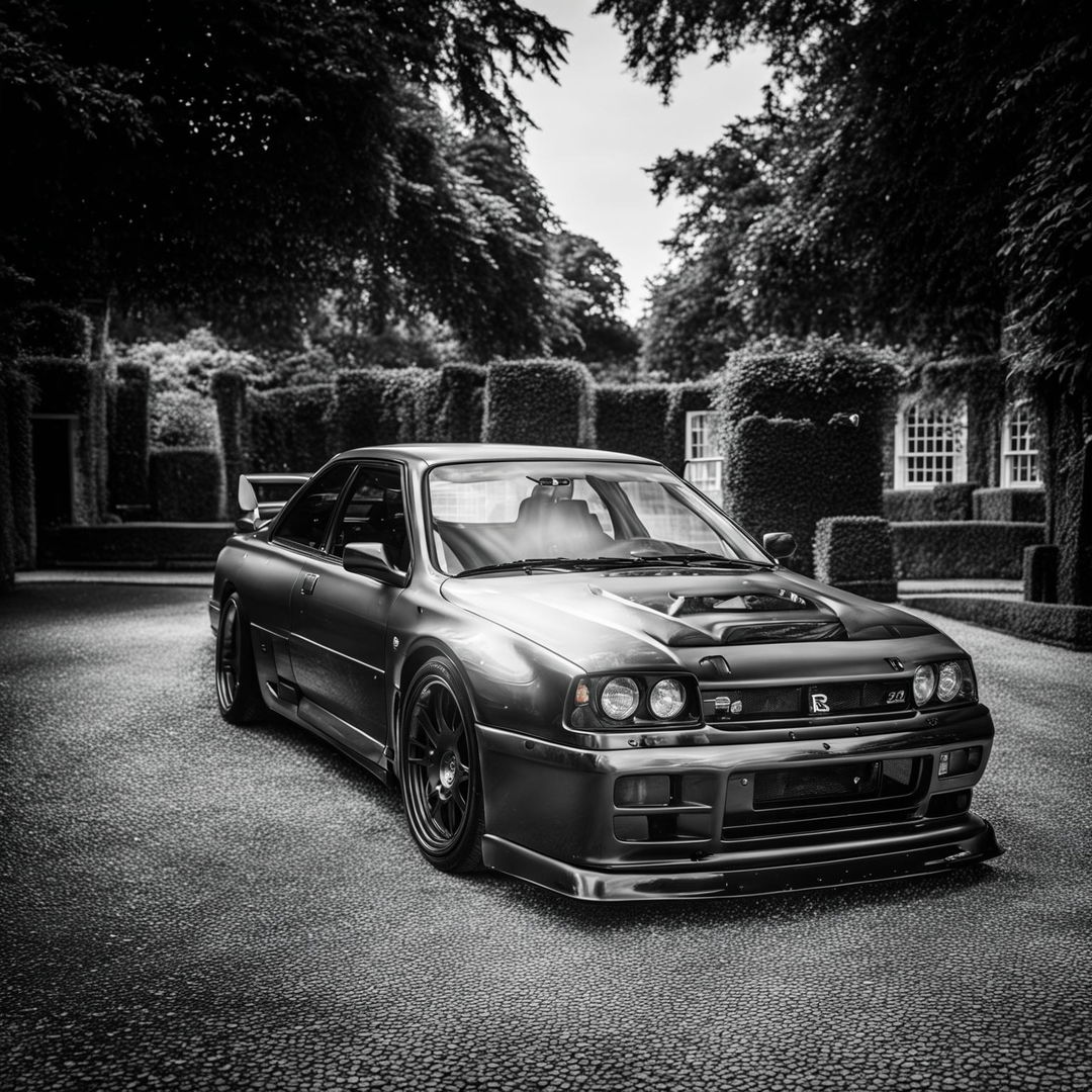 A highly detailed, award-winning quality photograph of a modified Nissan Skyline R32, styled in black and white, poised outside a posh, manicured London manor garden, capturing an atmosphere of vintage elegance.