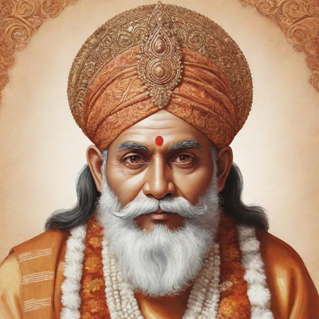 A detailed illustration of the Indian God Bharav Baba, adorned in traditional attire, displaying majestic and divine traits with a serene expression