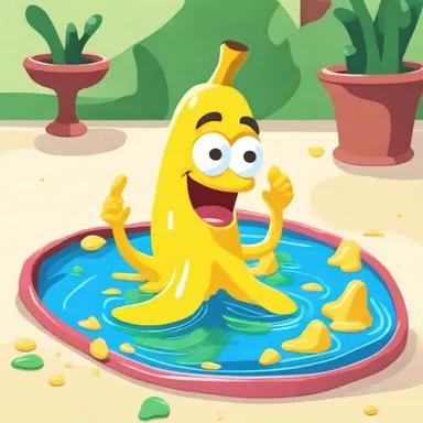 In the cartoon, the character accidentally steps on a banana peel and lands in a pool of slime.