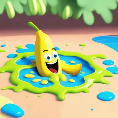 In the cartoon, the character accidentally steps on a banana peel and lands in a pool of slime.