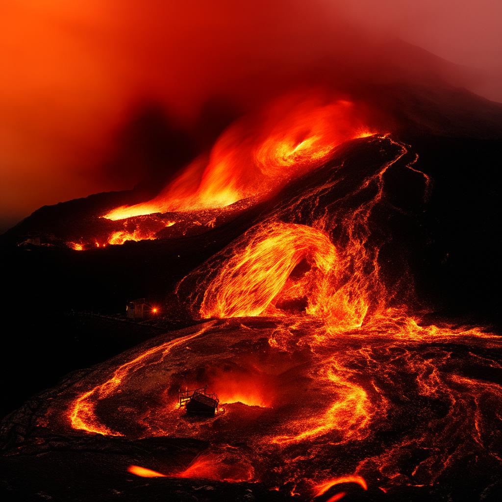 The house persists on the edge of a sprawling, intense lava lake, bursting through the canvas with vibrant hues of orange and red. The lava's flames are now more powerful, commanding the scene with their mesmerizing dance.