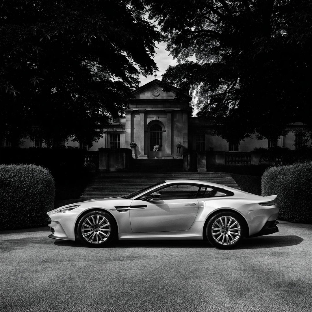 The best car photograph ever taken, featuring an Aston Martin in black and white. The car is positioned outside a posh, manicured London manor garden, enhancing the scene with an air of timeless elegance.