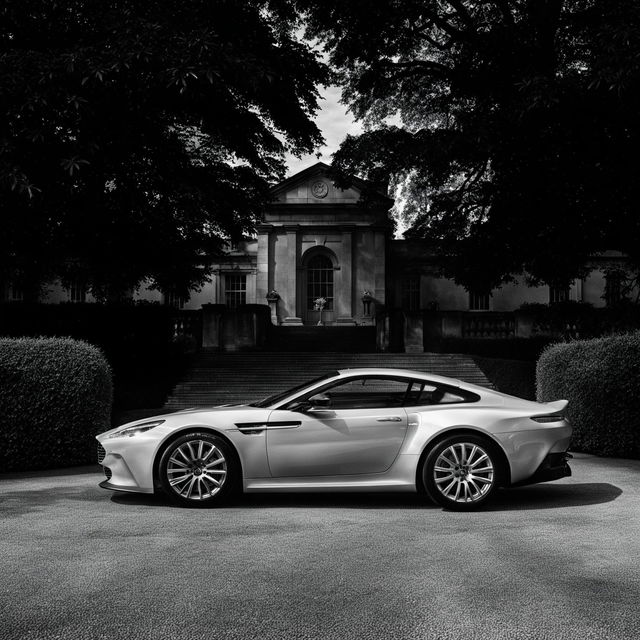 The best car photograph ever taken, featuring an Aston Martin in black and white. The car is positioned outside a posh, manicured London manor garden, enhancing the scene with an air of timeless elegance.