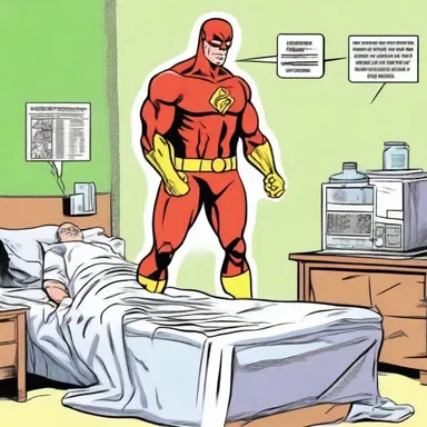 In the comic strip, the superhero had to undergo surgery to remove a stone lodged in his renal pelvis, endangering his kidneys.