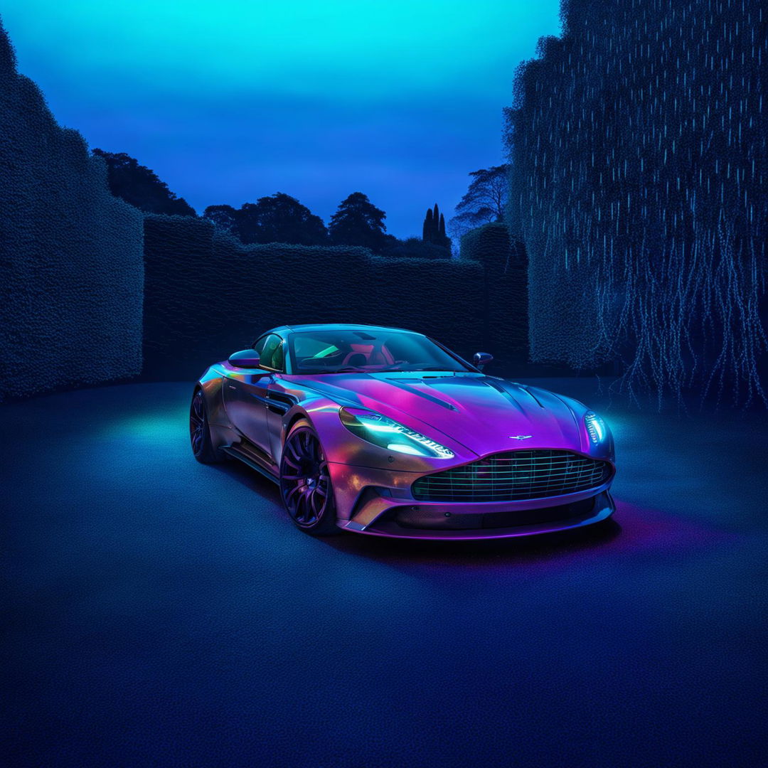 A photorealistic image featuring an Aston Martin in a posh, manicured London manor garden, brought to life with pastel neon colors reminiscent of Neon Genesis Evangelion, achieving a unique Vaporwave aesthetic, while maintaining the scene's elegance.