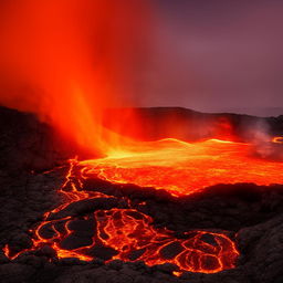 The house persists on the edge of a sprawling, intense lava lake, bursting through the canvas with vibrant hues of orange and red. The lava's flames are now more powerful, commanding the scene with their mesmerizing dance.